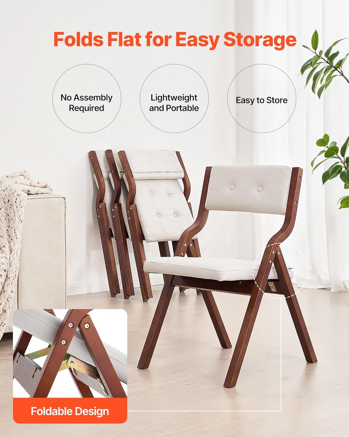 VEVOR Wooden Folding Chairs with Cushion, Set of 2, Portable Foldable Cushion Chair with Wooden Frame, Modern Padded Dining Chair for Kitchen, Office, Wedding, Party, Dining Room, Easy Assembly, White