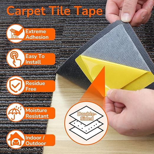 Carpet Tile Tape Double Sided 4" x 4", 125 Tabs Per Pack, Adhesive Connectors for Hardwood Floors, Stair Treads, Tile Floors