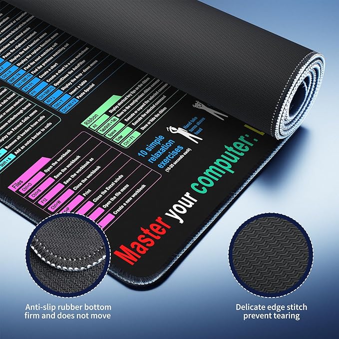 Excel Cheat Sheet Desk pad—Contains 12 Types of Common Skills in Excel and Word|Large XL Size（35.45 * 15.75 inch）|Desk mat for Keyboard and Mouse|Work、Study、Gaming Mouse pad|Waterproof、Anti-Slip