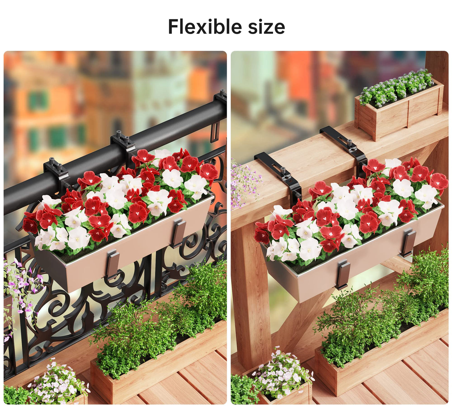 Y&M 6 Pcs Deck Railing Adjustable Planter Box Brackets (6 to 12.5 in), Universal Heavy Duty Iron Flower Box Brackets Wall Mounting Hooks for Fences, Patio, and Garden - Black (Patent Registered)
