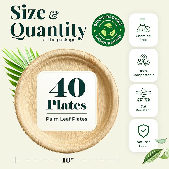 Koala love Palm Leaf Plates 10 Inch Bamboo Paper Disposable 50 Bulk Dinner Round Party Plates Event Tableware Eco Biodegradable Compostable Wooden Plate Best Alternative to Plastic Plate