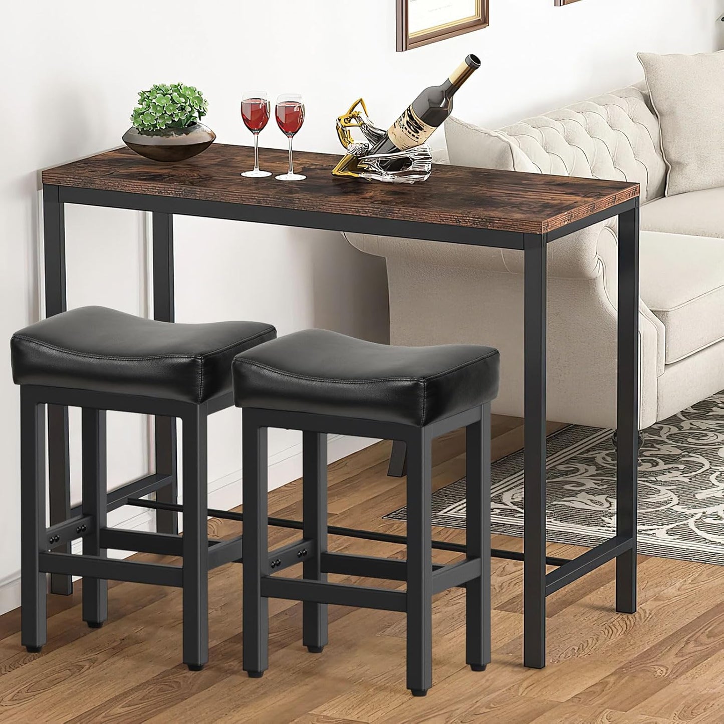 Counter Height Bar Stools Set of 3, 24 Inch Barstools for Kitchen Island Counter, Bonded Leather Kitchen Stools with Thick Saddle Seats & Heavy Duty Metal Base, Easy Assembly, Gray/Black