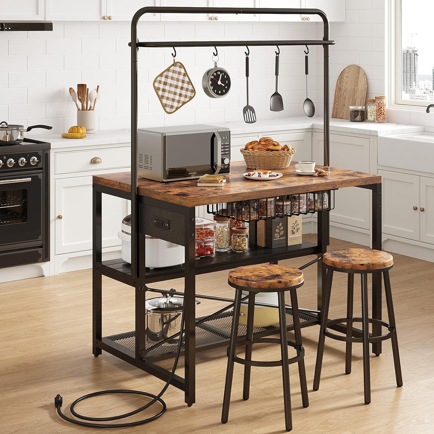 46" Large Kitchen Island Table Baker Rack with Power Outlet and 3-Tier Storage-Microwave Stand Oven Shelf, Metal Coffee Bar Table,Kitchen Storage Shelf for Dining Living Room, 5 Hooks,Vintage