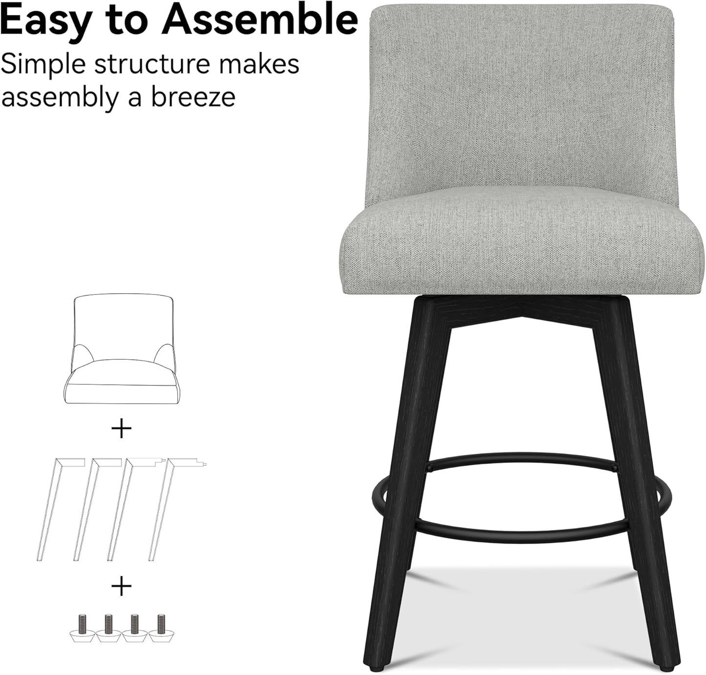 Counter Height Bar Stools Set of 6, Modern Swivel Barstools with Back and Wood Legs, Linen Fabric Upholstered Bar Chairs, 26" H Kitchen Counter Stools, Kitchen Island Home Bar, Light Grey