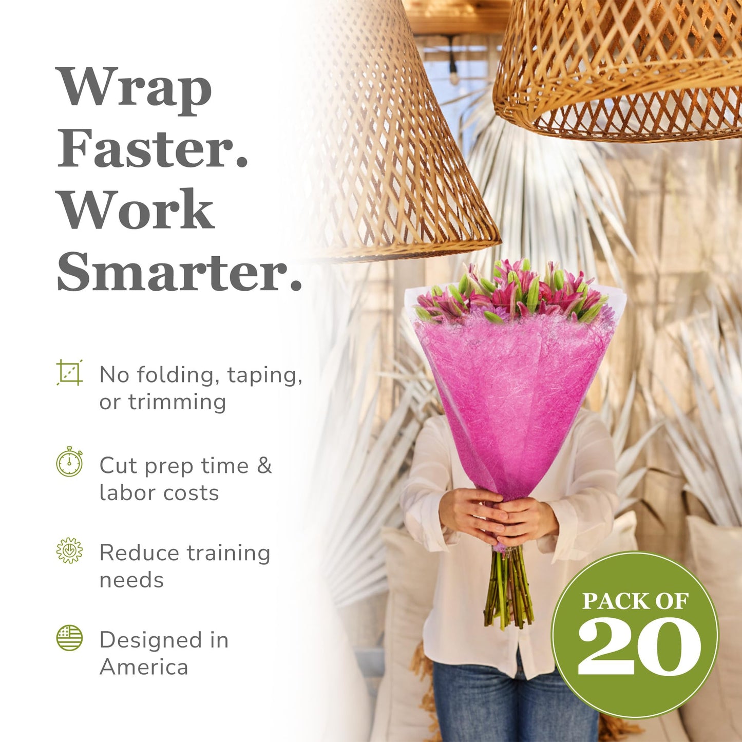 the florist Supply Aria Sleeves 20 Pack 17.3 x 13.66 x 3.5 Inch Waterproof Flower Bouquet Wrapping Sleeves, Flower Bouquet Bags, Plastic Floral Sleeves, Gift-Ready for Wedding, Birthday, Pink