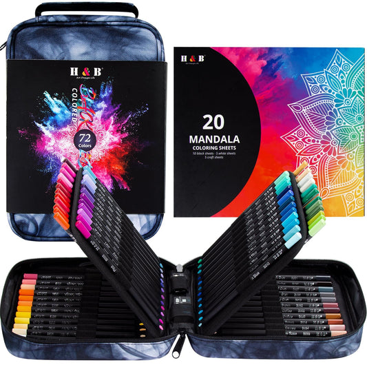 H & B 72-Color Colored Pencils Set with Mandala Coloring Sheets, Eraser, Sharpener - Soft Oil-Based CoresArt Supplies Drawing Kit for Adults, Kids, and Beginners