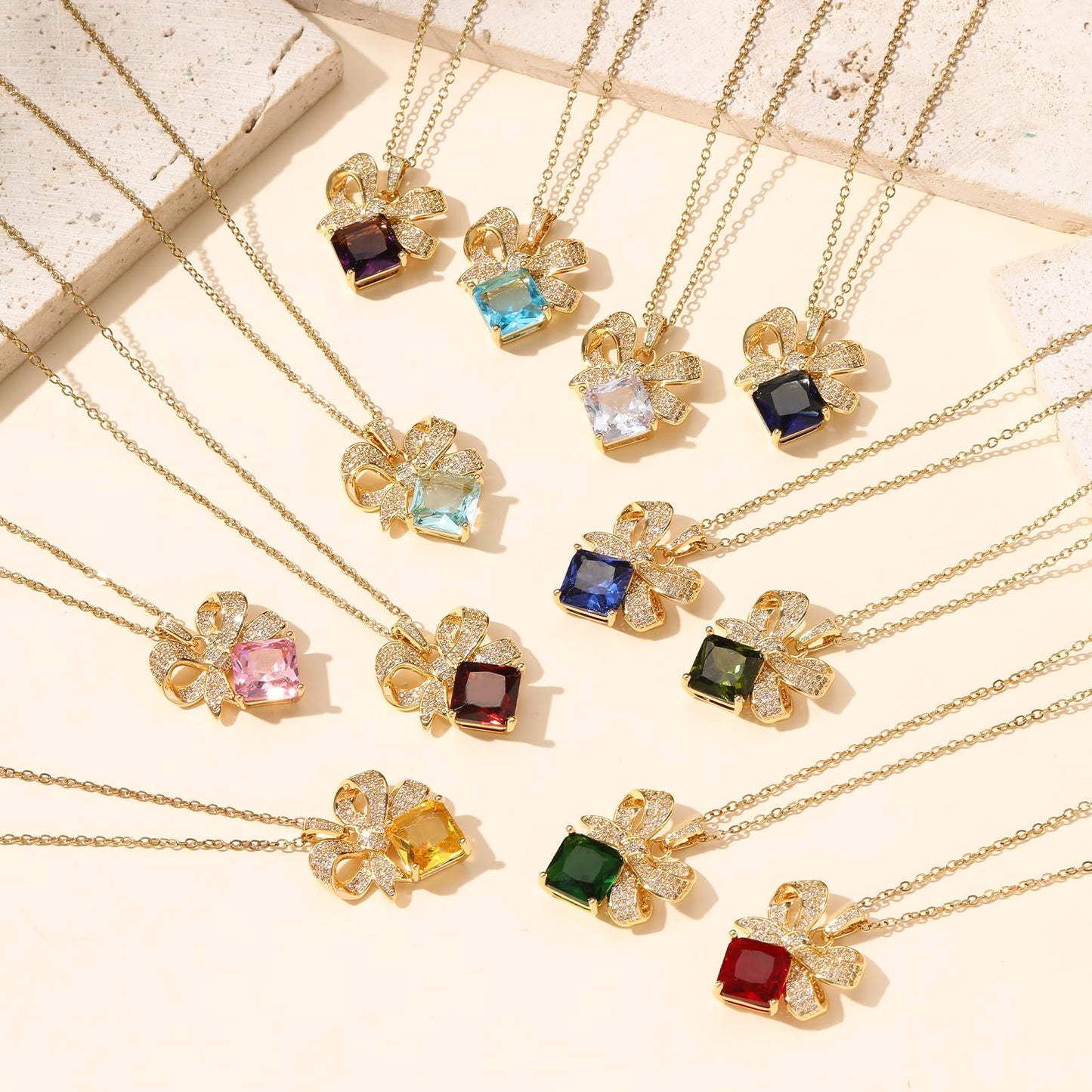 Square April Birthstone Diamond Bow Necklace for Women-Gold Plated Healing Crystal Imitation Diamond Pendant Waterproof Non Tarnish Jewelry For Birthday Valentines Day Mother's Day Christmas Thanksgiving Gifts