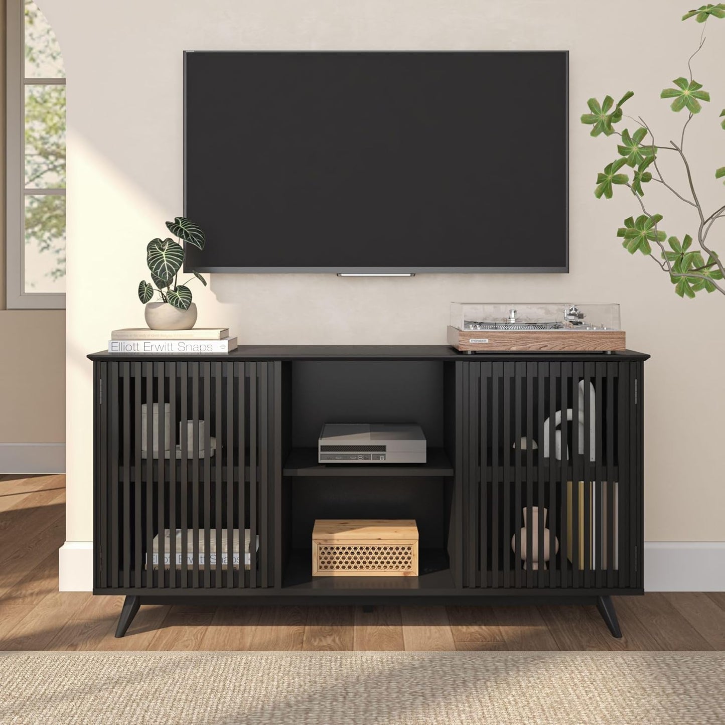Plank+Beam Mid-Century Modern Wood TV Stand, Solid Wood Entertainment Console with Storage, 59" L x 16" W x 30" H, Black