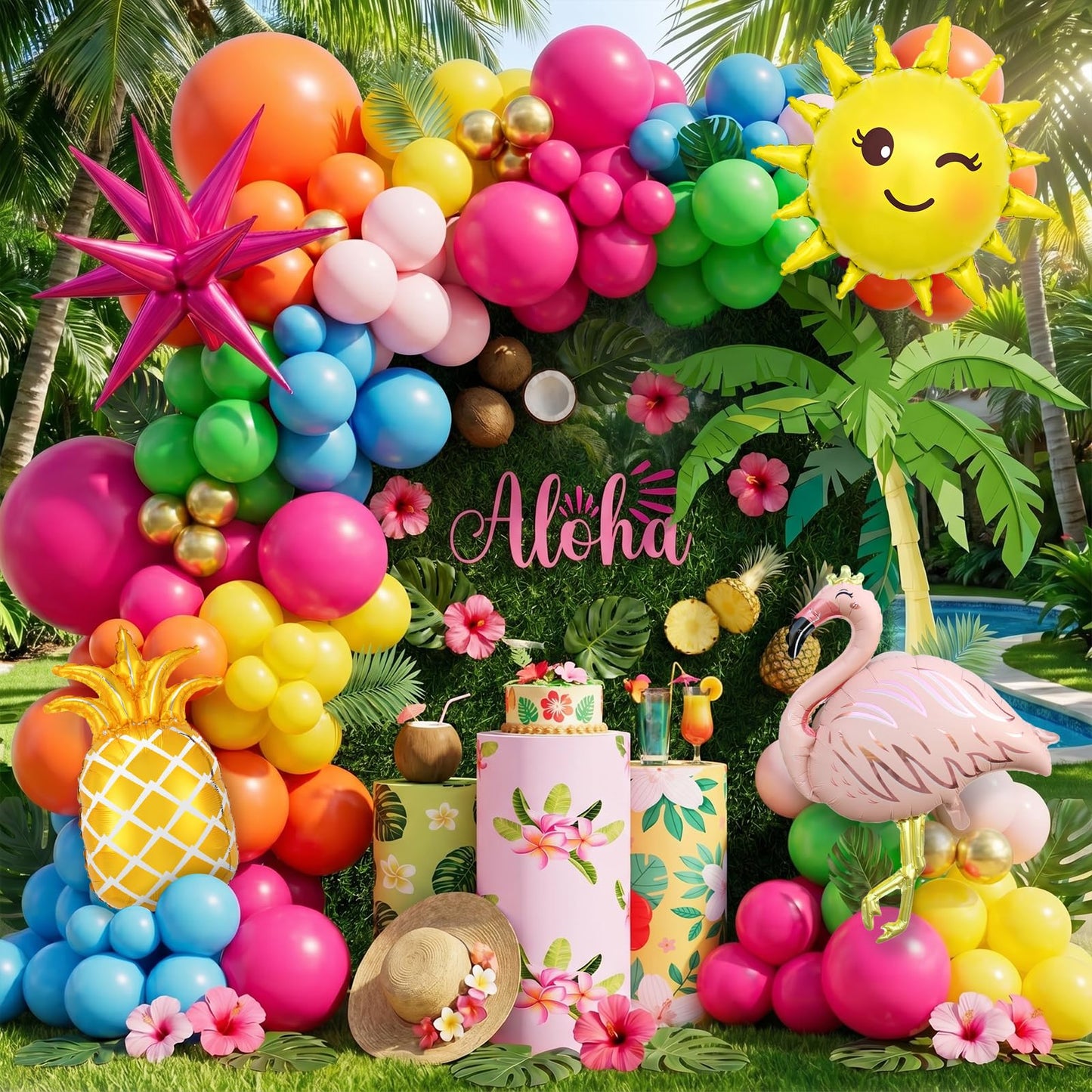 Flamingo Tropical Luau Balloon Arch Garland Kit, Hot Pink Green Yellow Blue Orange Gold Hawaiian Flamingo Pineapple Foil Balloons, Palm Leaves for Summer Beach Aloha Pool Birthday Party Decorations