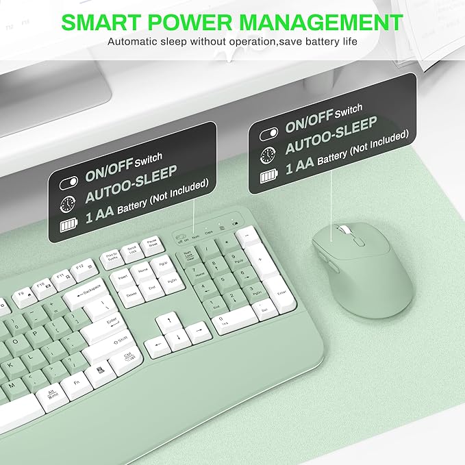 Wireless Keyboard and Mouse Combo,2.4G Full Size Wave Keys Ergonomic Keyboard with Wrist Rest for Natural Typing, 3 DPI Adjustable Ergonomic Mouse for Computer/Laptop/Windows/Mac (Avocado Green-A)