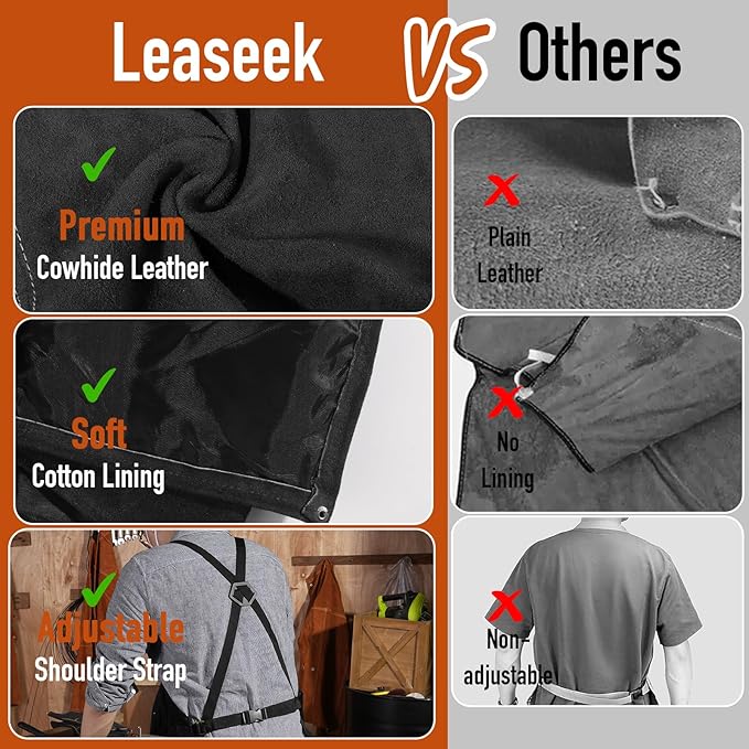 LeaSeek Leather Welding Apron - Flame and Heat Resistant Bib Apron with 6 Pockets