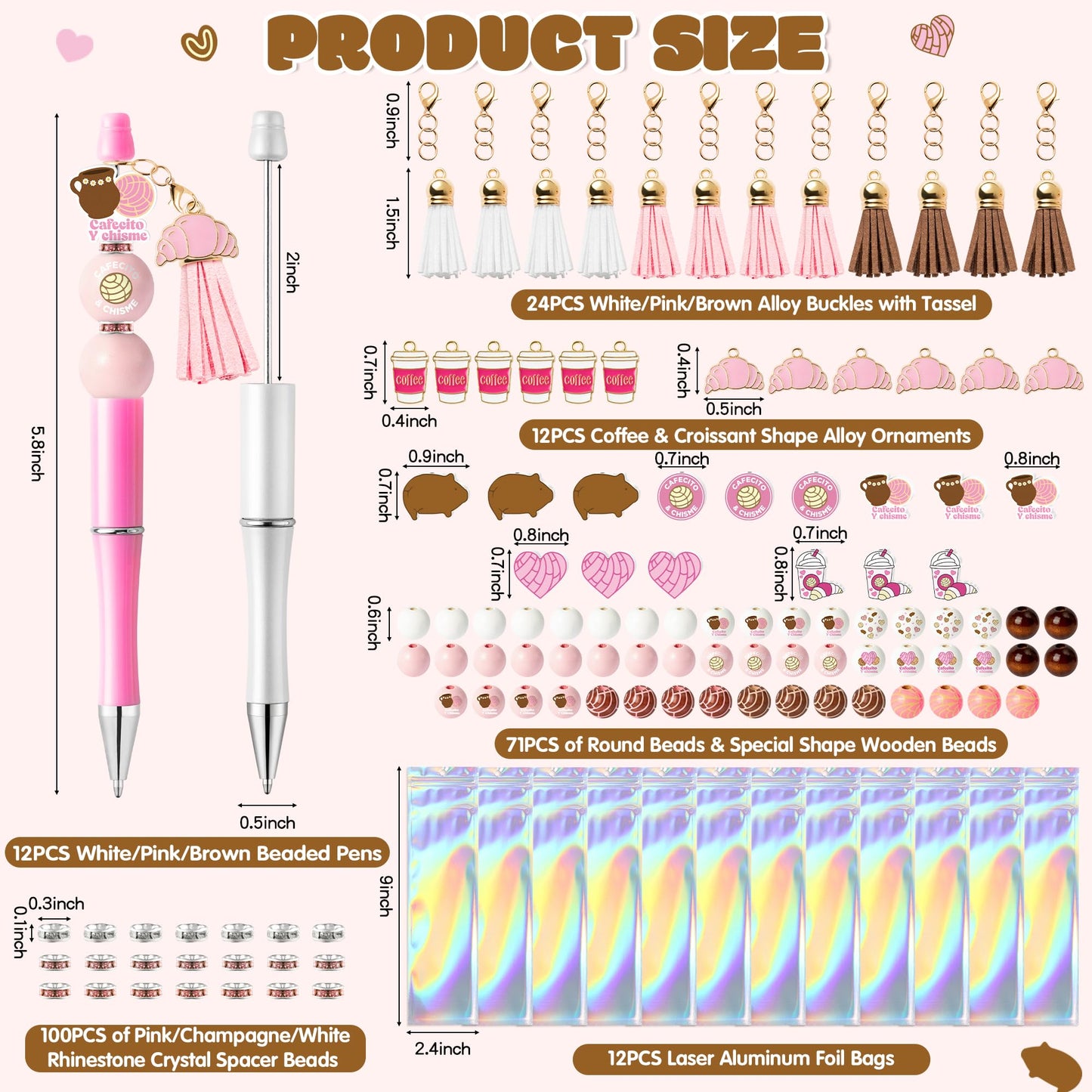 QIMGIC Cafecito Beadable Pens Kit - 12 Set Funny Cafecito Chisme DIY Ballpoint Pen Making with Bead Craft, Coffee Party Beaded Pen Bulk Charm Tassel Supplies for Women School Students Gift