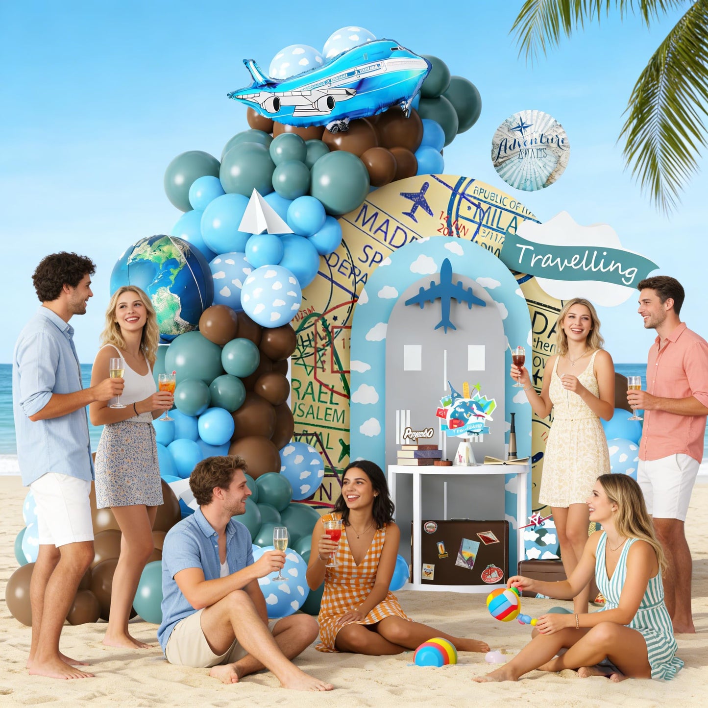 PageebO Travel Themed Party Balloon Arch Kit 131pcs Dusty Blue Coffee Balloon with Globe Plane Aluminium Balloon for Time Flies 1st Birthday Party Retirement Farewell Party Decorations