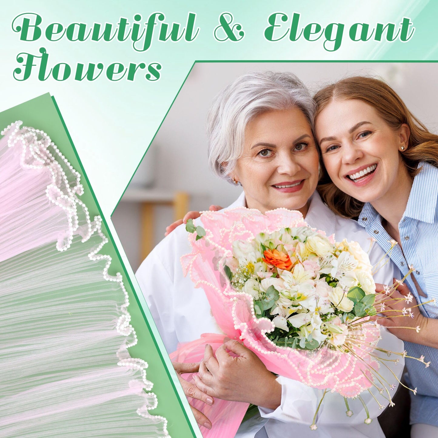 8 Pack Floral Wrapping Mesh Paper, Windspeed Pearl Mesh for Floral Bouquet Wrapping Paper White and Pink Florist Supplies for Mother's Day Valentine's Day Florist Wedding Flower Packaging
