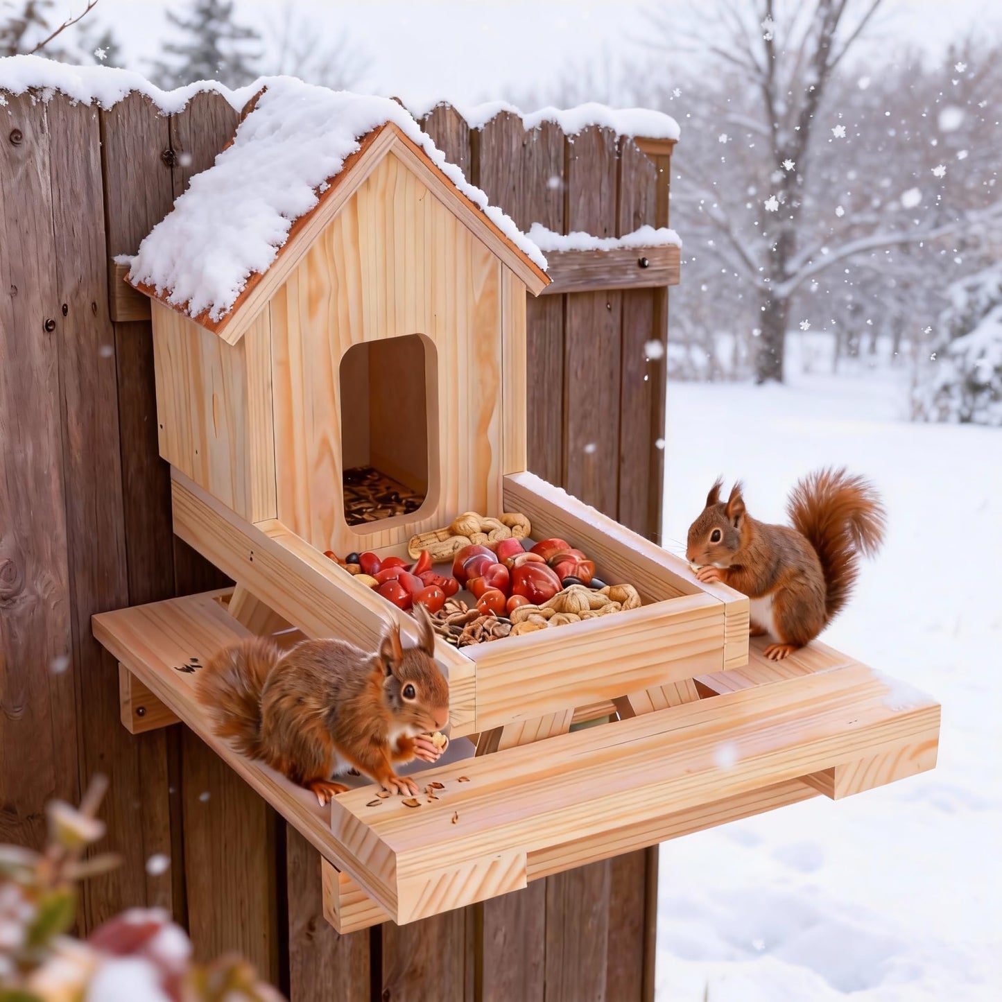 Wooden Squirrel Feeder, Squirrel Picnic Table Feeder with Corn Cob Holder, Squirrel Feeders for Outside Backyard