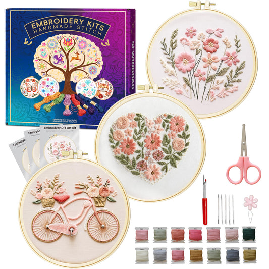 Huacan Embroidery Kit for Adults Beginner - Embroidery Kits for Adults Beginner 3 Pcs Stamped Heart Pattern, Hand Stitching Kit Art Craft, DIY Sewing Kit with Box 7.9 x 7.9 Inch