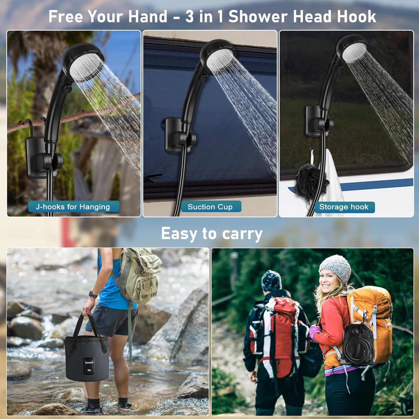 Portable Shower for Camping, Spopal Rechargeable Camping Shower with Collapsible Bucket with Handle 20L Intelligent LED Display, 4 Spray Modes, Outdoor Shower Kit for Hiking, Travel, Car, Pet 【Black】