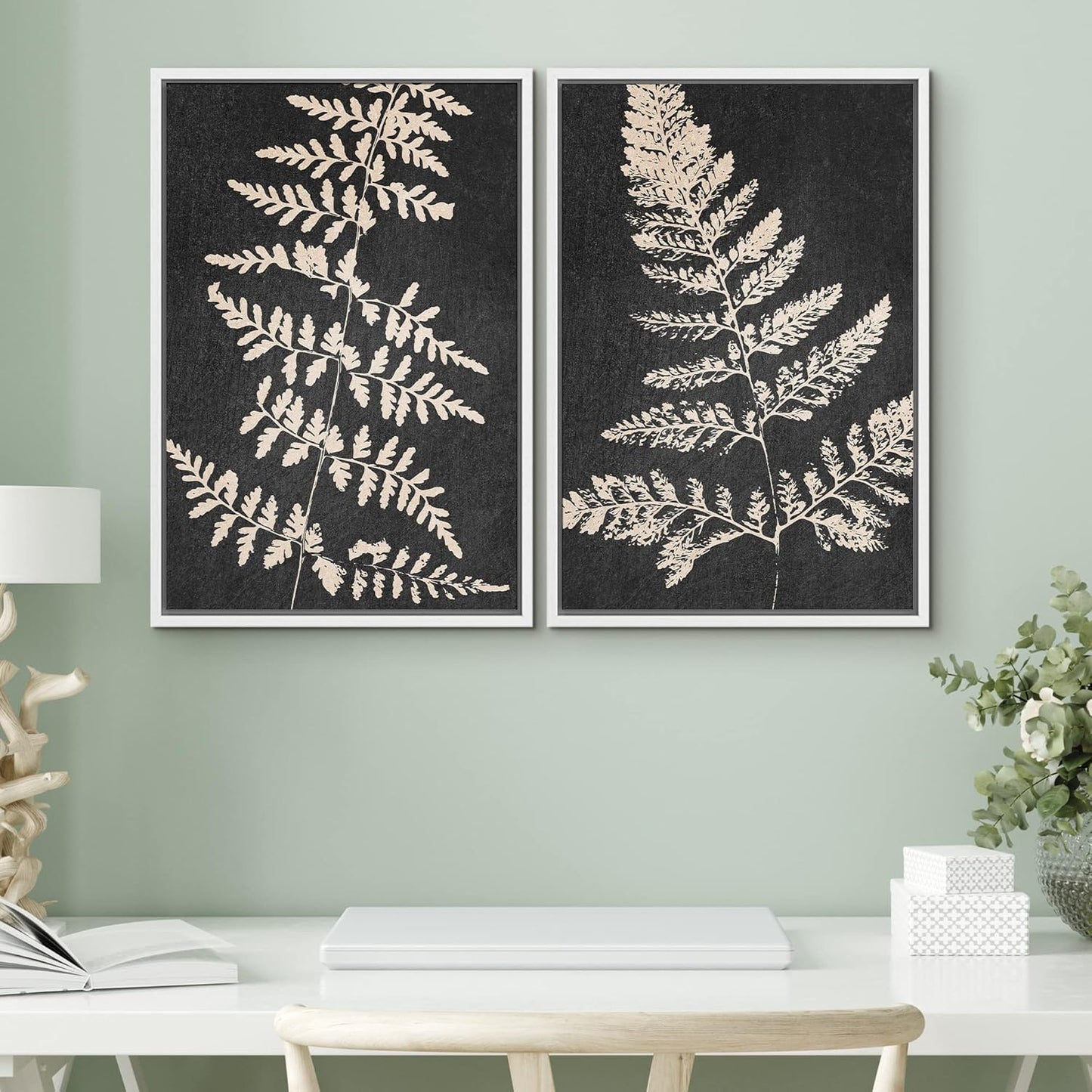 SIGNWIN Canvas Print Wall Art Set Black Tan Forest Fern Plant Leaf Silhouette Nature Wilderness Illustrations Modern Art Rustic Multicolor for Living Room, Bedroom, Office - 16"x24"x2 White
