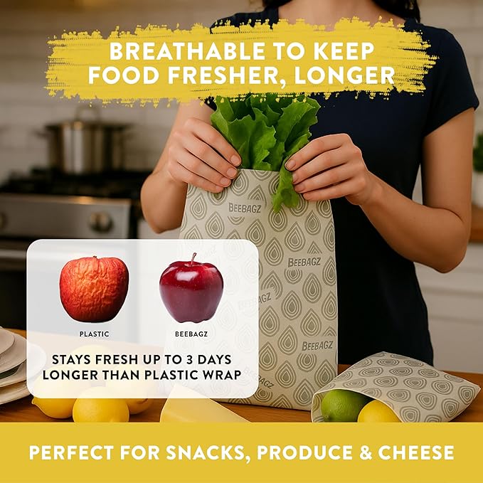 BeeBAGZ - Beeswax Wrap Storage Bag, Reusable Food Storage Bags, Pack of 3, Plastic Free Biodegradable Food Wrap Alternative, Starter Pack, 1 Small + 1 Medium + 1 Large, (Grey)