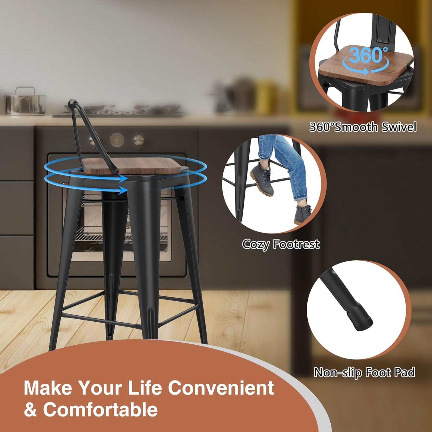 30 Inch Swivel Bar Stools Set of 2 with Backs Counter Height Industrial Metal Barstools Island Bar Chairs for Home Kitchen Dining Room (Swivel 30 inch,Matte Black Wooden)
