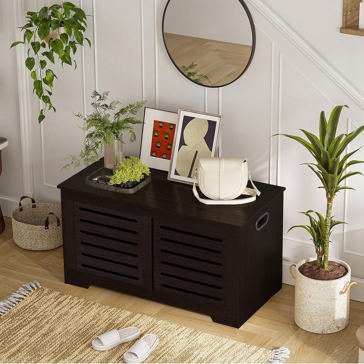 DINZI LVJ Storage Chest, Flip-Top Wooden Toy Box with 2 Safety Hinges, Entryway Shoe Storage Bench, Sturdy Large Storage Trunk for Living Room, Bedroom, Easy Assembly, Espresso