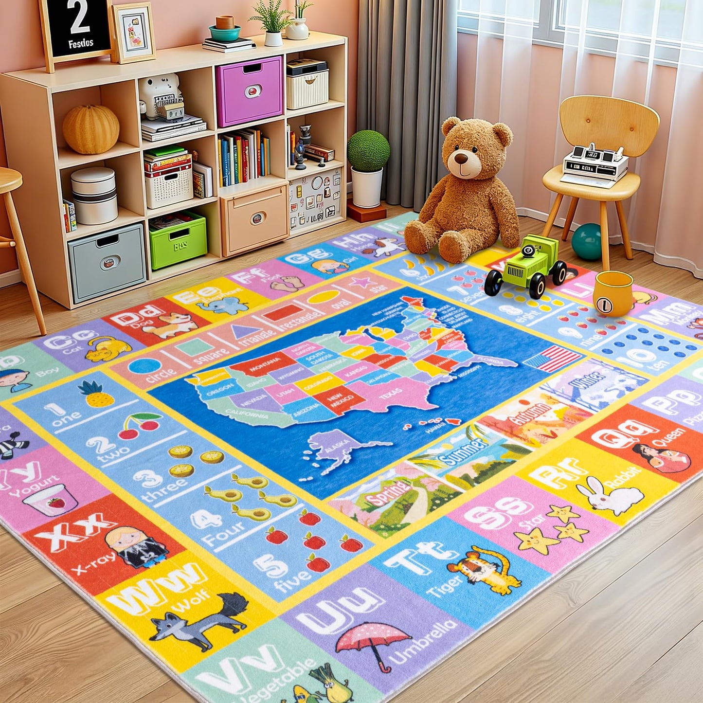 OHDS Kids Rugs for Playroom - Soft & Non-Slip 5x7 Feet Educational Rug for Learning ABC Alphabet, Numbers, Shapes & Map, Washable Classroom Rug for Toddler Nursery & Kids Room Decor