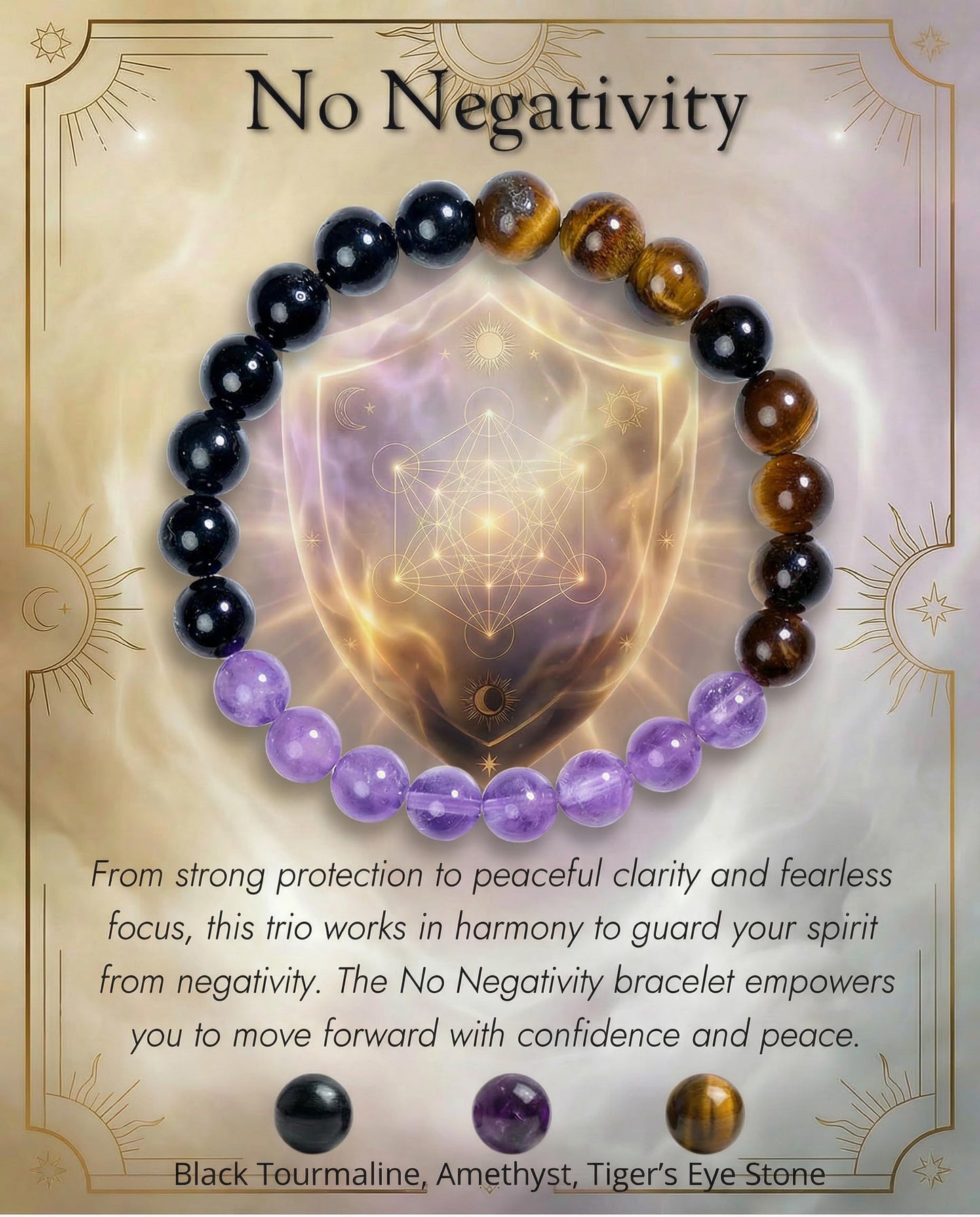 Bivei No Negativity Bracelet, Strength Crystal Healing Bracelet 8MM with Black Tourmaline & Amethyst & Tiger Eye - Spiritual Stretch Beaded Jewelry for Women Men Gift