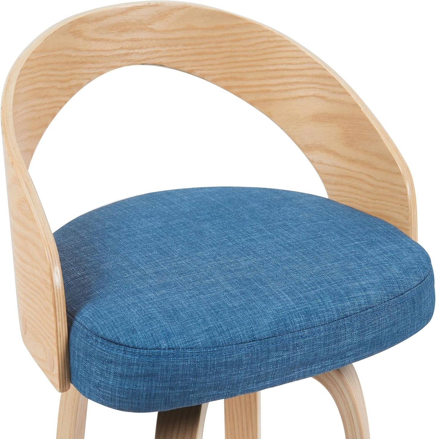 Sonia Modern Swivel Counter Height Bar Stool with Blue Upholstered Seat and Patterned Oak Wood Finish Set of 4