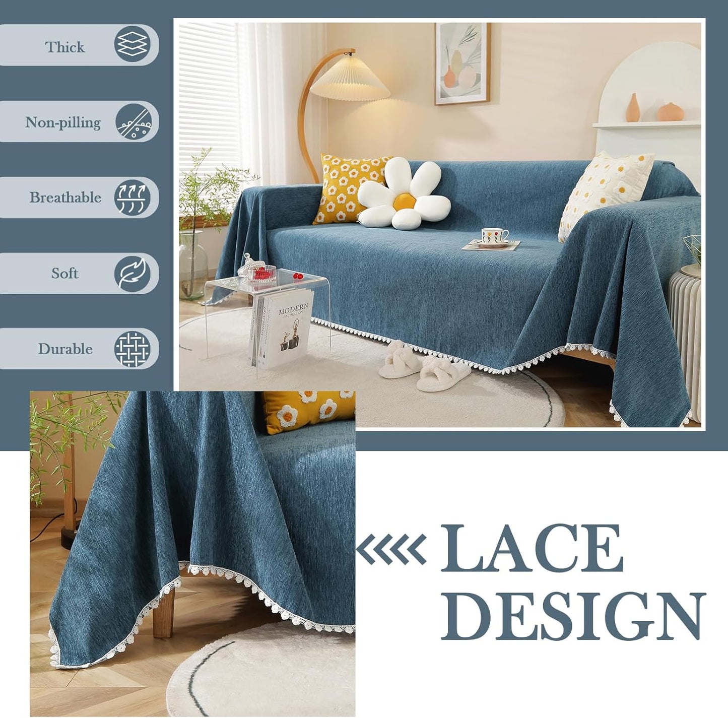 HANDONTIME Blue Sectional Couch Covers Easy Fitted Sofa Covers for 3 Cushion Couch Universal Chenille Sofa Cover Durable Furniture Protector with Floral Lace Bottom for Kids Dogs Pets, 71" X150"