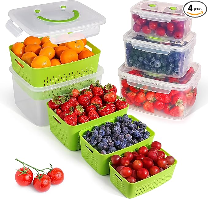 Fruit Storage Smiley Containers for Fridge - Keep Fresh with BPA-Free Lids - Ideal Vegetable & Berry Organizer - 4 Pack Dishwasher Safe Produce Saver - Stackable Containers with Drain Tray