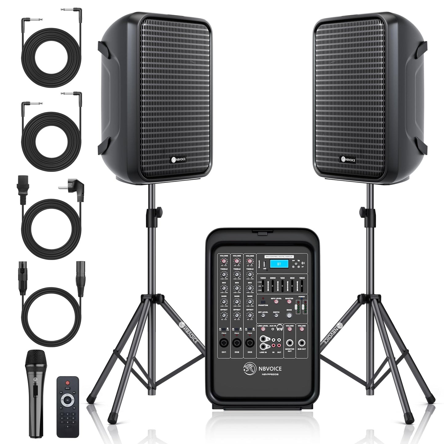 NBVOICE Professional Portable All-in-One Integrated 2-Way PA System Fixed Setup, Suitcase Design w/ 8-Channel Mixer, 2 Speaker S