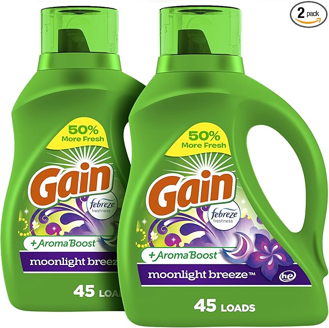 Gain Liquid Laundry Detergent, Moonlight Breeze Scent, 65 fl oz x 2, 45 x 2 loads, Freshness + Odor Fighting, High Efficiency Washing Machine Liquid Cleaning Soap