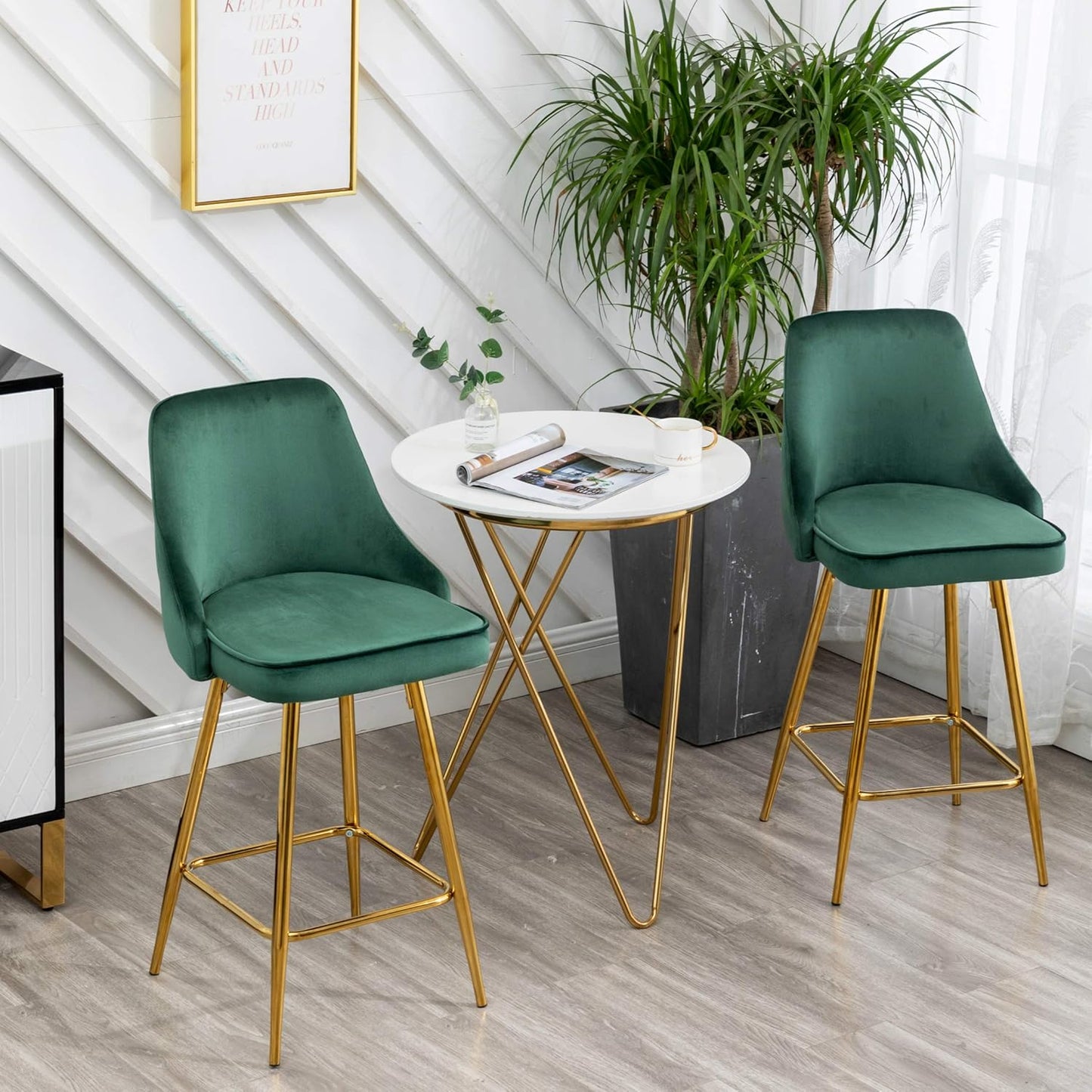 BTEXPERT Set of 2 Pack, upholstered Dining Bar Chairs Footrest High Back Counter Height Barstools Stool, Tufted Green Velvet Gold Frame 25" Modern Kitchen Island