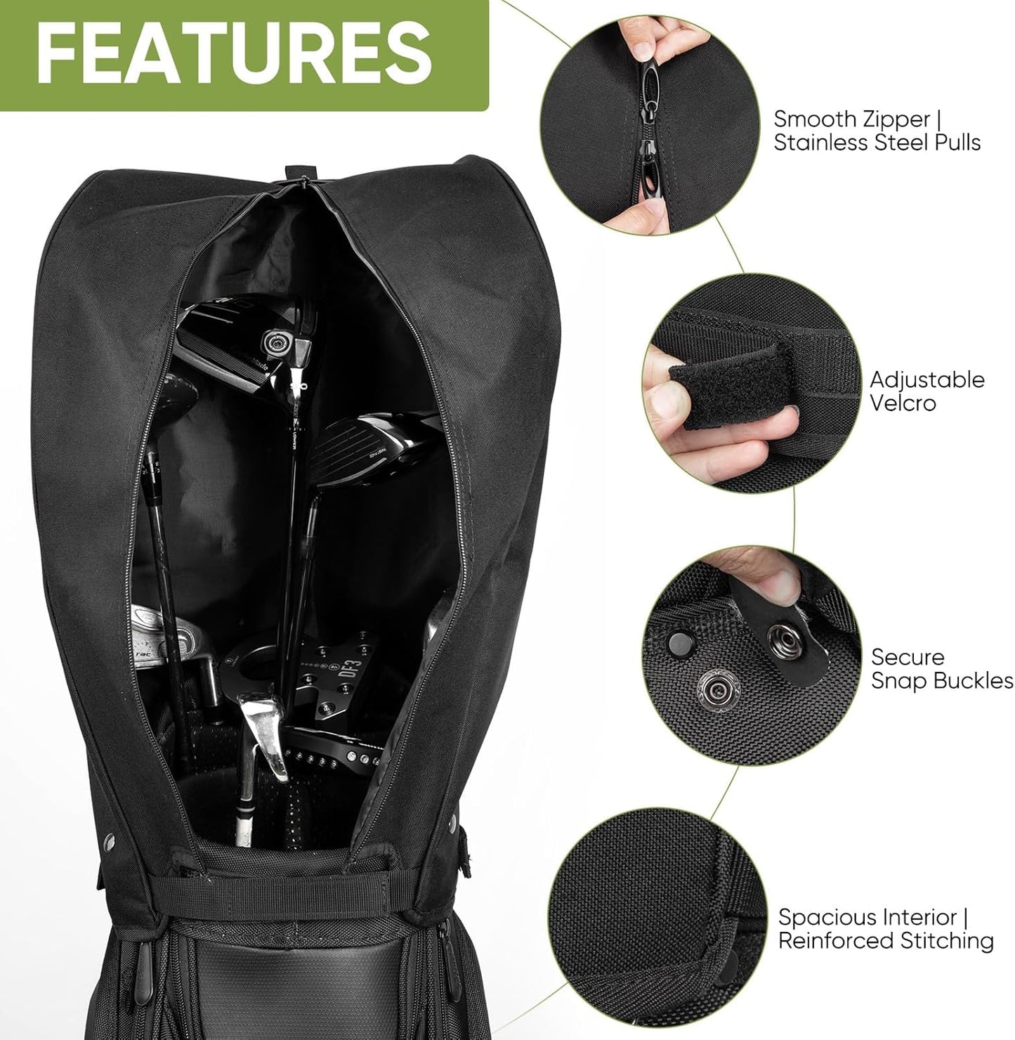 Golf Bag Rain Cover Hood Waterproof 1680D Nylon Dustproof Universal Fit with Adjustable Rain Cape for Stand/Cart Bags, All Black or US Flag Style
