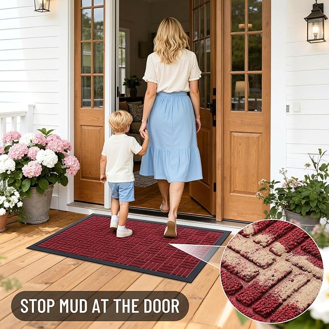 OLANLY Front Door Mat Outside Entrance 47x32, Absorbent, Heavy Duty Sturdy Natural Rubber Doormat Indoor Outdoor, Non-Slip, Stain and Fade Resistant, Low Profile Floor Mat for Entryway, Black Red