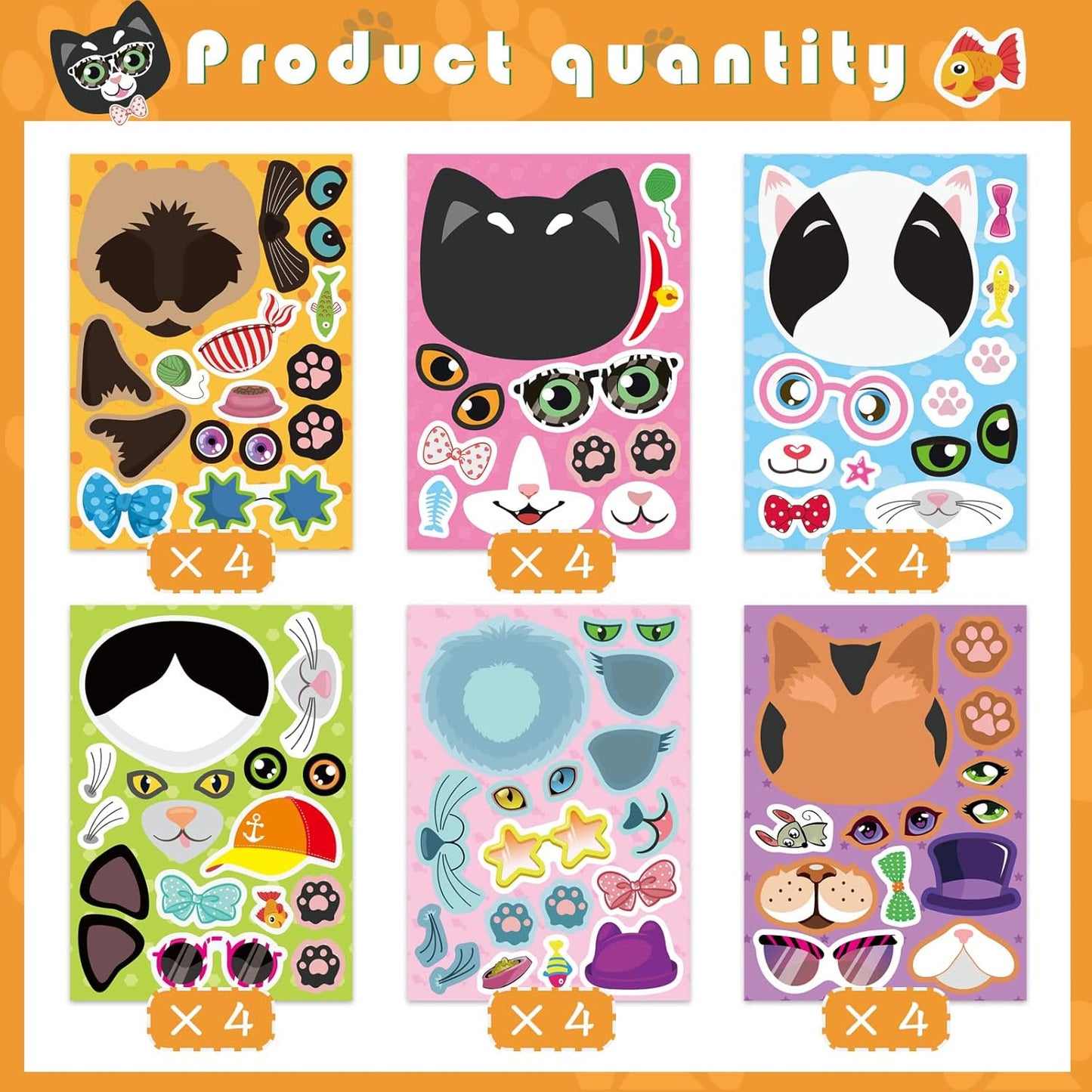 24 Sheets Cats Make a Face Stickers Make You Own Cats Stickers Animal Sticker for Kids, Birthday Gift Party Favors Supplies Teacher Art Craft, Games School Activity Reward