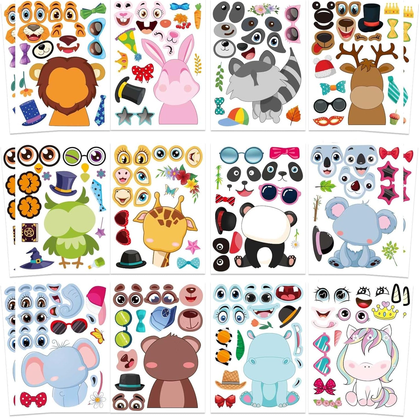 48 PCS Make a Face Stickers Sheets for Kids, Make Your Own Animal Mix and Match Stickers Sheets, Cute Animal Sticker for Birthday Party Favors Supplies Teacher Reward