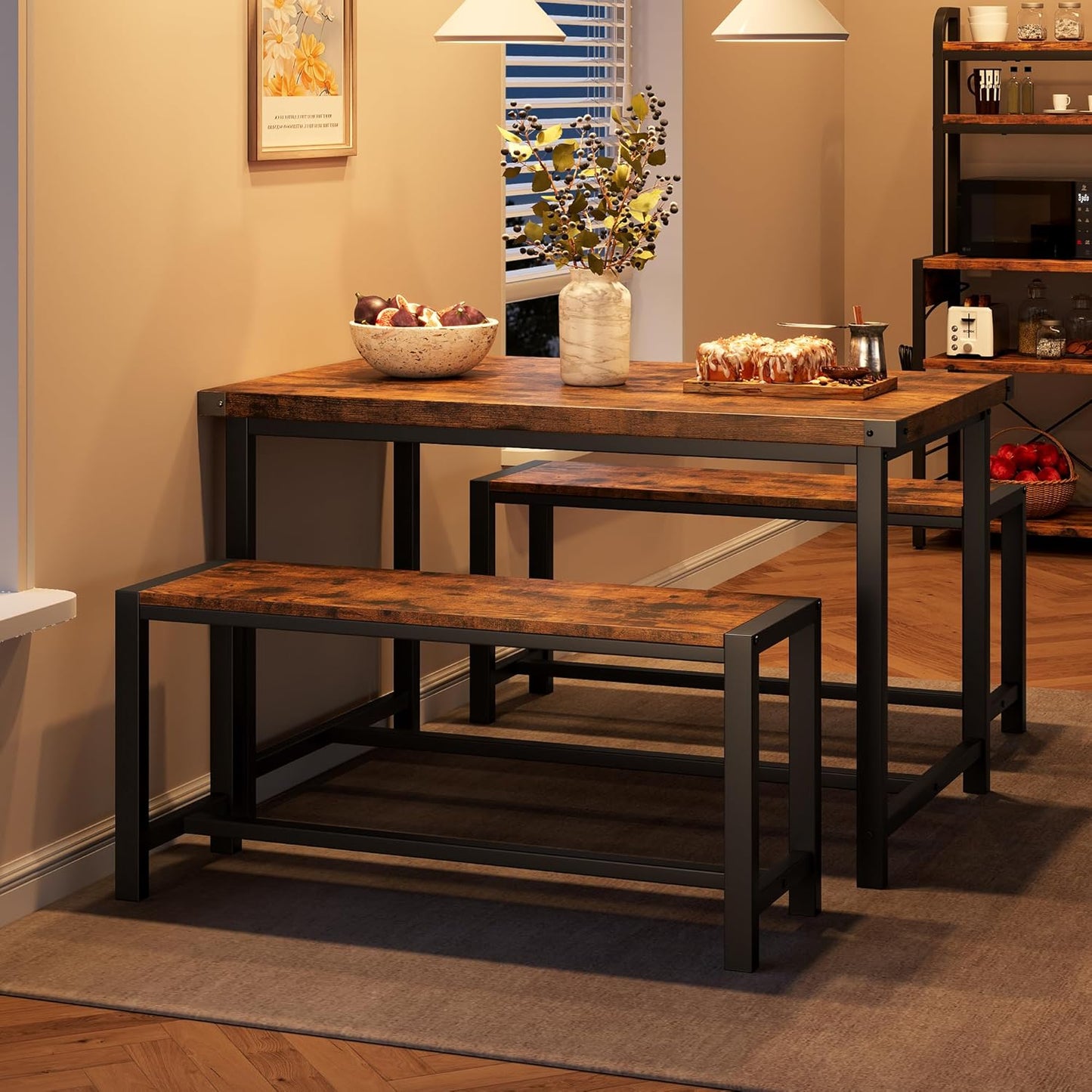 Dining Table Set for 4 with 2 Benches, 3-Piece Kitchen Table Set, Space-Saving Dining Set for Kitchen, Dining Room, Brown
