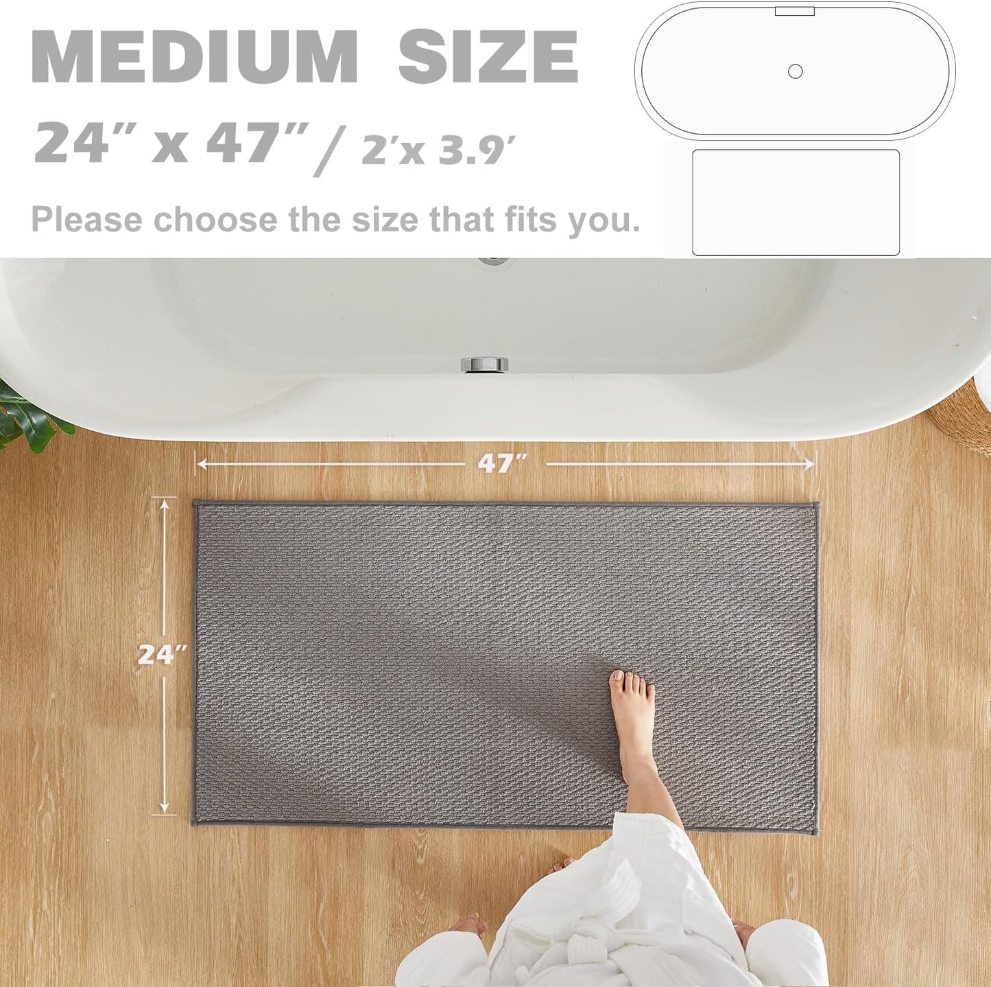 Bathroom Rugs Non Slip Washable, Super Absorbent Thin Bath Mat Quick Dry Low Pile Bathroom Rug, Light Grey 24"x47"