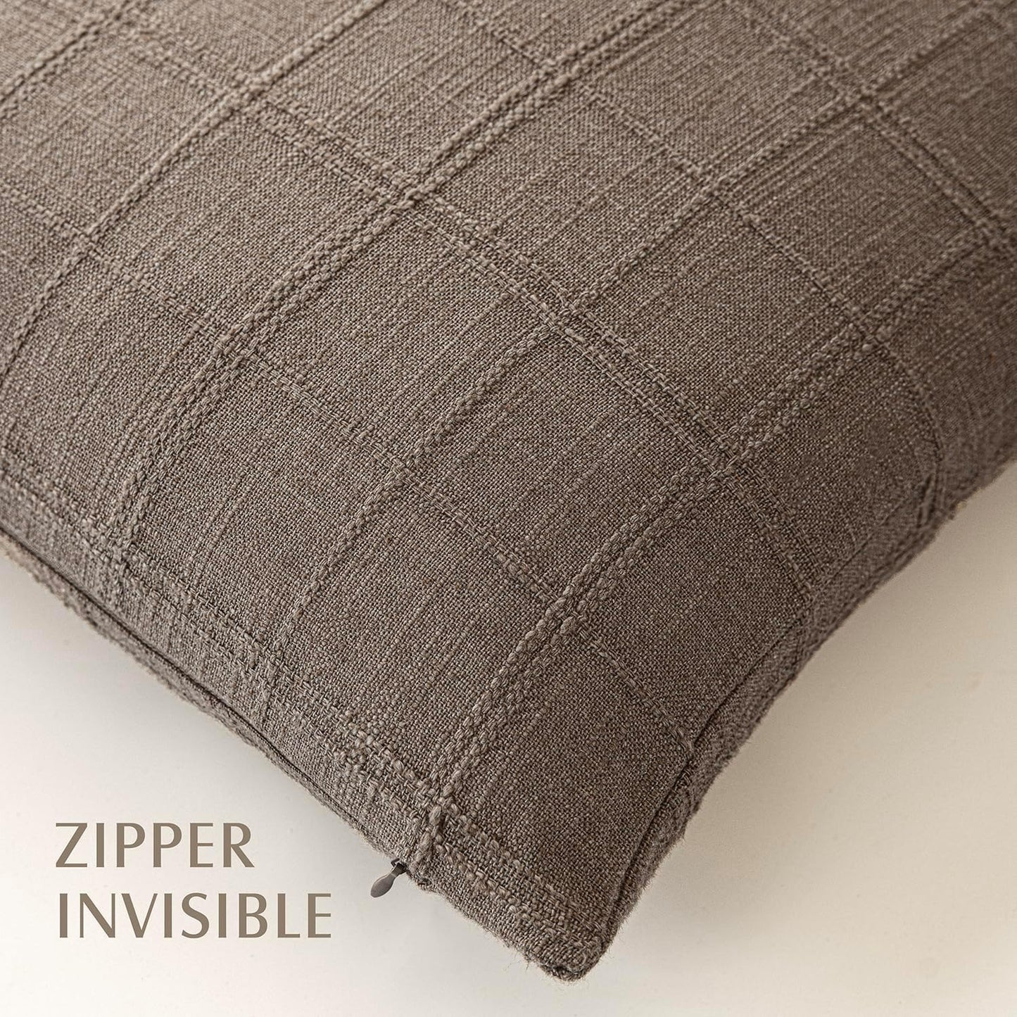 Foindtower Set of 2 Decorative Linen Check Throw Pillow Covers Neutral Farmhouse Lumbar Cushion Covers Modern Boho Home Decor for Sofa Chair Couch Bedroom Living Room Outdoor,12×20 Inch,Taupe Grey