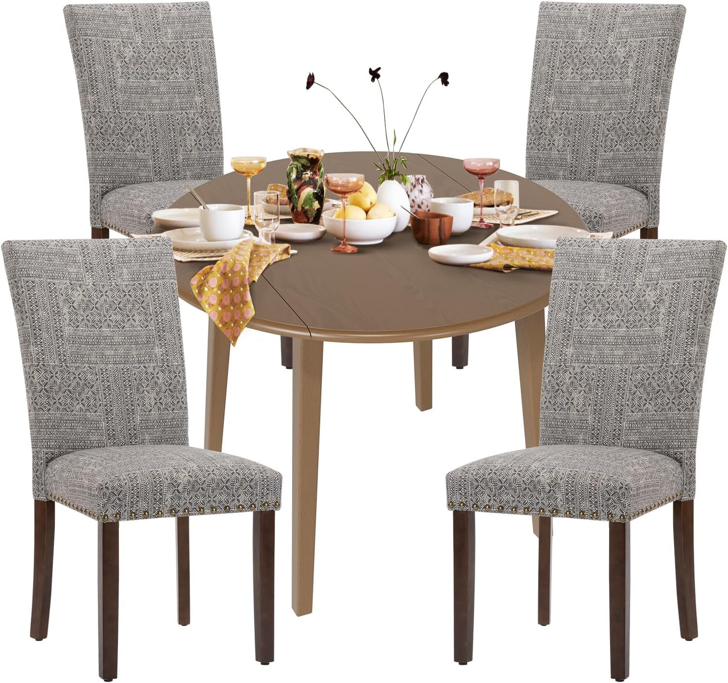 COLAMY 5-Piece Extendable Dining Table Set for 4, 36" Kitchen Round Wood Table with 4 Nailhead Dining Room Chairs,Light Brown/Boho