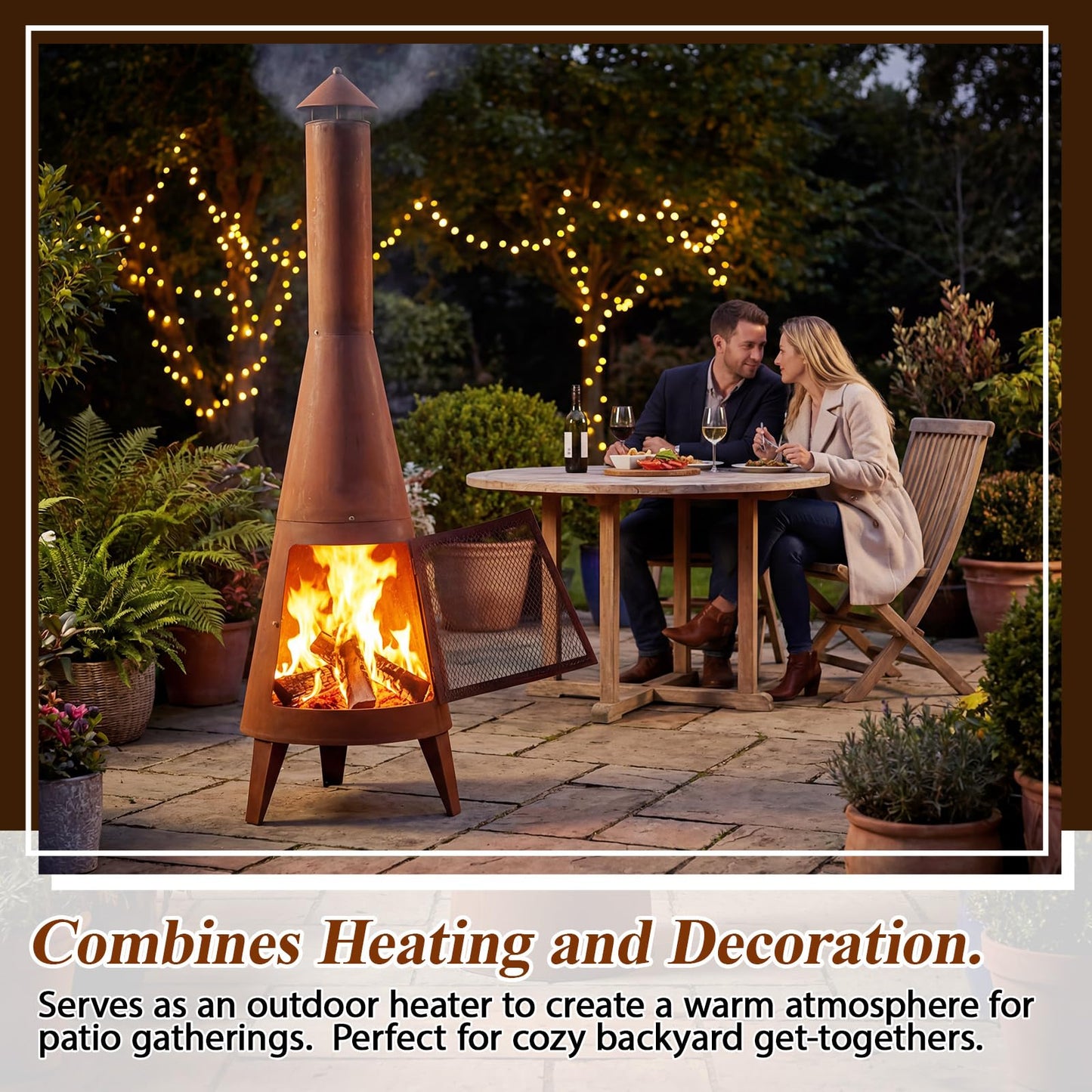 Ferrochef 70 Inch Country Outdoor Chiminea Fireplace Heavy-Duty Steel Wood-Burning Chiminea Fire Pit with Wire Mesh Cover