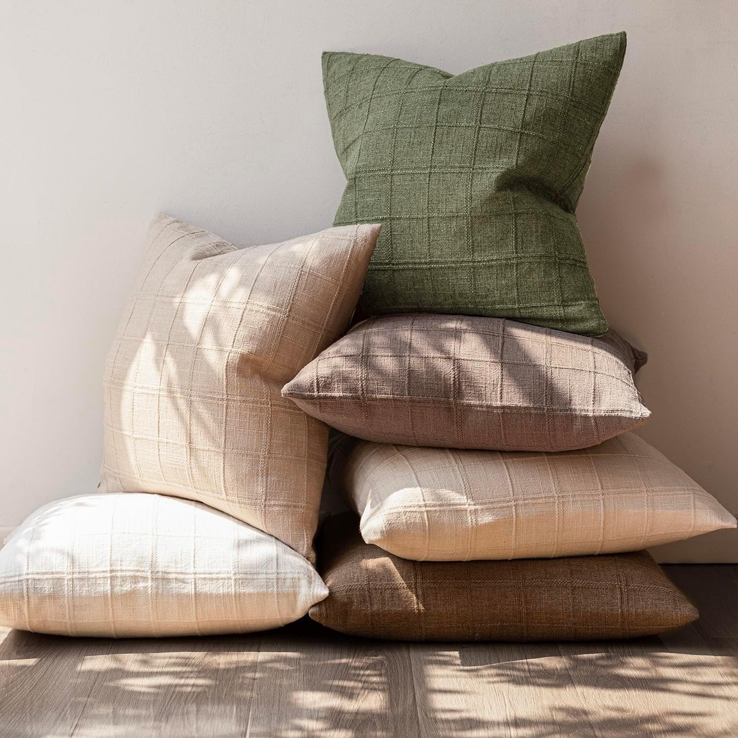 Foindtower Set of 2 Decorative Linen Check Throw Pillow Covers Neutral Farmhouse Vintage Cushion Covers Modern Boho Home Decor for Sofa Chair Couch Bedroom Living Room Outdoor,16×16 Inch,Sage Green