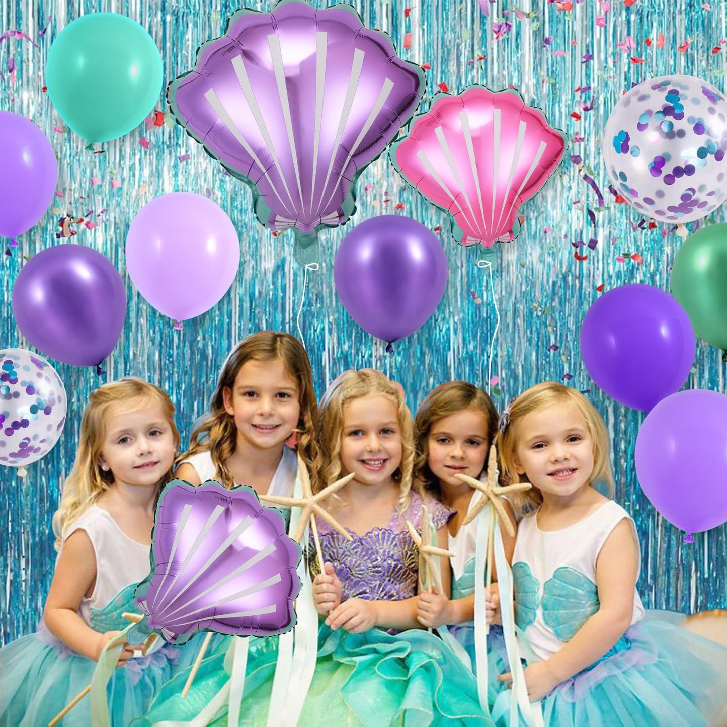SNLN 139Pcs Mermaid Birthday Party Decorations Supplies for Girl Kid, Mermaid Balloon Arch & Backdrop Tablecloth Fringe Curtain Tail Shell Star Foil Balloon, Princess Themed Mermaids Party Decoration