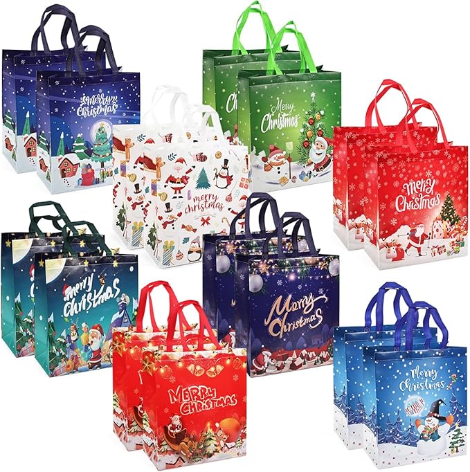 16PCS Christmas Gift Tote Treat Bags with Handles, Multifunctional Non-Woven Bags for Gifts Wrapping Shopping, Xmas Party Supplies, 15×13.8×5.9inch