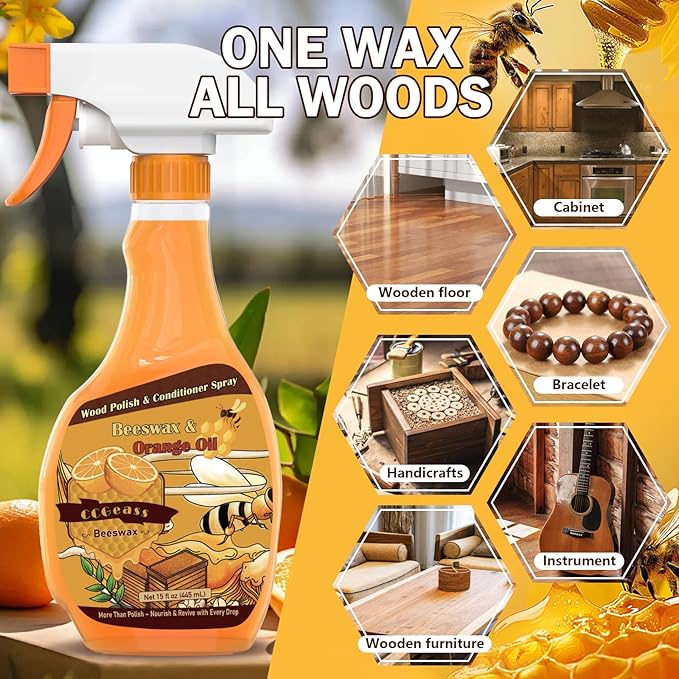 Beeswax Spray Wood Polish Furniture Conditioner & Cleaner – Beeswax and Orange Oil Wood Restorer, Natural Shine Furniture Care Wax for Floors, Cabinets & Tables, 15 Fl Oz
