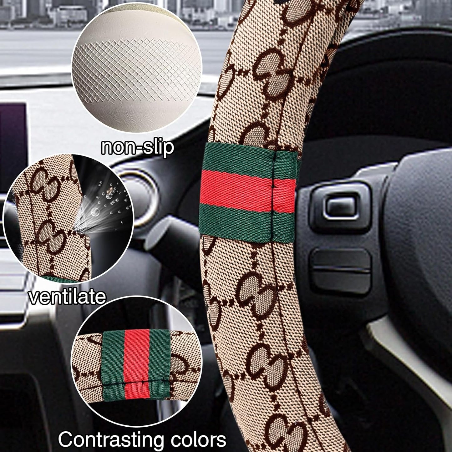 5PCS Steering Wheel Cover, with 2 Headrests, 2 Seat Belt Covers - Universal Fit for 14.5-15" Steering Wheel, Enhances Driving Experience - Perfect for Women (Beige)