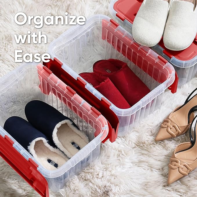 Superio Christmas Storage Box with Red Hinged Lids, Plastic Container Bins for Organizing with Attached Lid, Stackable Crates, BPA Free, Organizers for Home and Office, 53Quart (20.25"x14"x14.6")