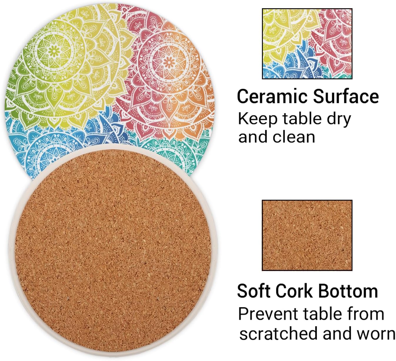 Ceramic Coasters for Drinks with Cork Back,Colorful Mandala Harmony 4 Inch Absorbent Coaster Set 4 Pack, Quick Dry Non-Slip Coaster Mats for Home, Office, Bar
