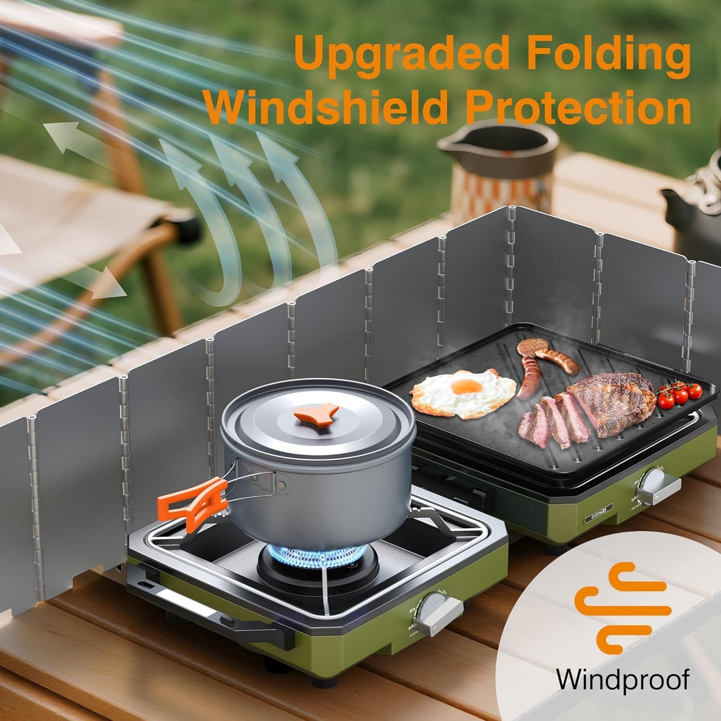 ODSD 2 Burner Camping Stove with Windshield, 20000 BTU Propane Camp Stove, Portable Folding Gas Stove, Camping Essentials Gears Includes Frying Pan, Coffee Stand & Carry Bag, Green